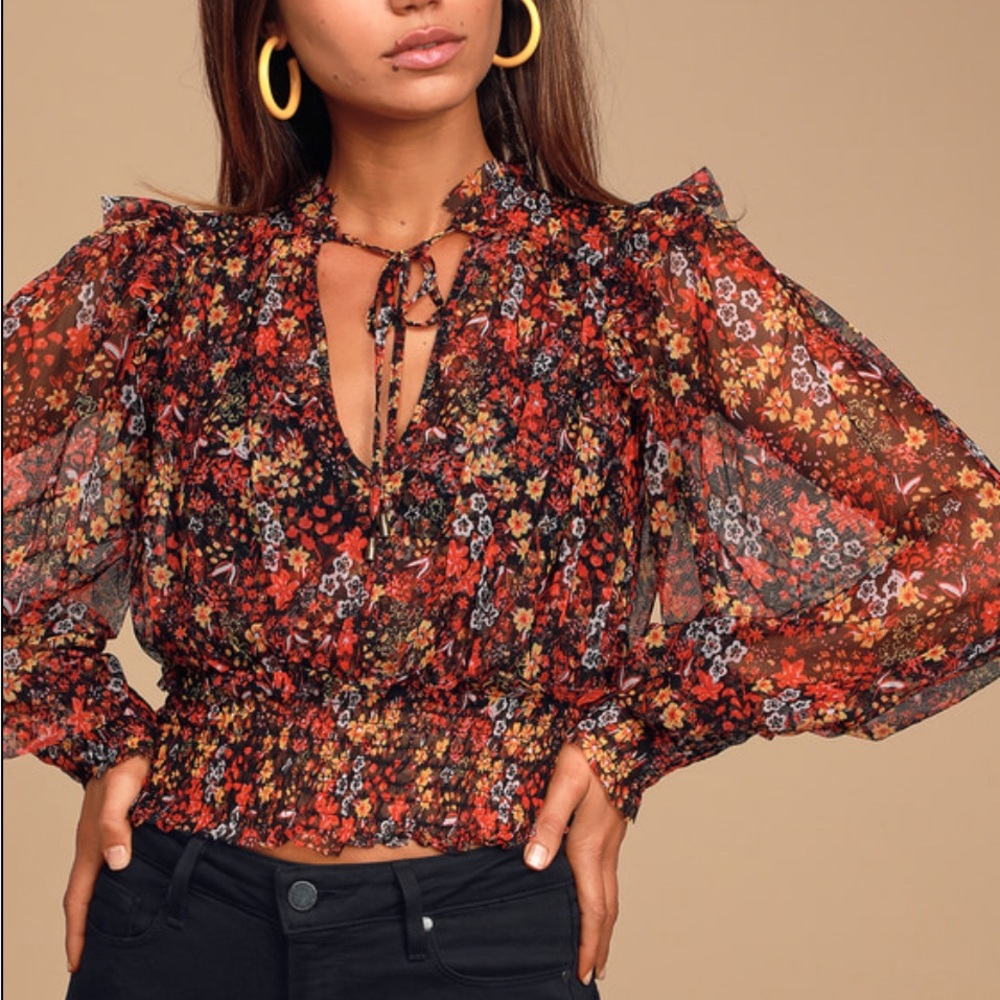 Free People Twyla Sheer Black Floral Print Crop Top / Size: M / Color: multi